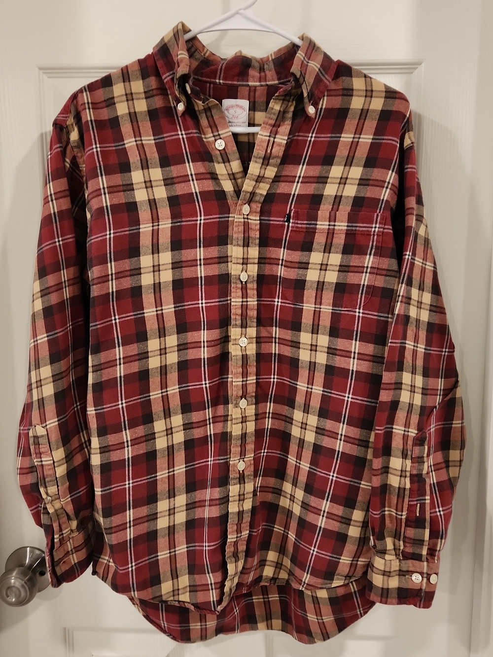 Brooks Brothers Check Plaid Long Sleeve Button Down Cotton Shirt Small Red Tan